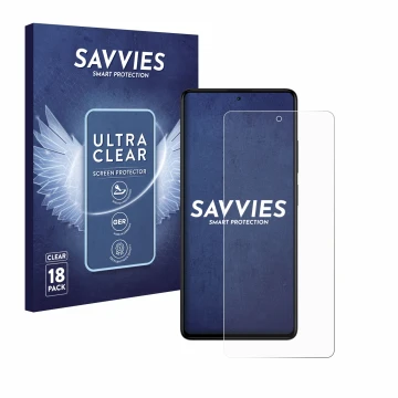 Front side of a product packaging with the brand logo Savvies. Next to it is the device Xiaomi Redmi Note 12 Pro+ shown with t
