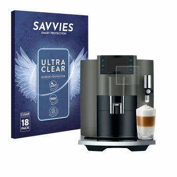 Front side of a product packaging with the brand logo Savvies. Next to it is the device Jura E8 (EC) shown with the correspond