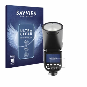 Front side of a product packaging with the brand logo Savvies. Next to it is the device Godox V1 shown with the corresponding 