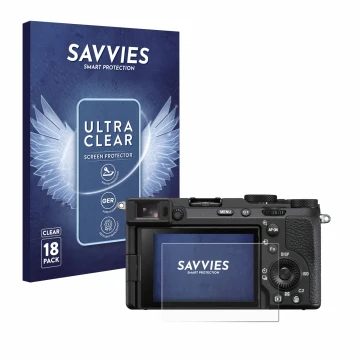 Front side of a product packaging with the brand logo Savvies. Next to it is the device Sony Alpha 7CR shown with the correspo
