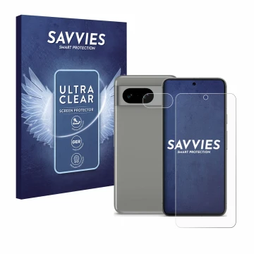 Front side of a product packaging with the brand logo Savvies. Next to it is the device Google Pixel 8 (Front+Camera) shown wi