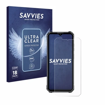 Front side of a product packaging with the brand logo Savvies. Next to it is the device Oukitel WP28 shown with the correspond