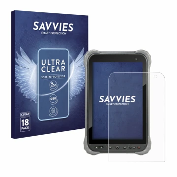 Front side of a product packaging with the brand logo Savvies. Next to it is the device Juniper Systems Cedar CT8X2 shown with