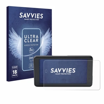 Front side of a product packaging with the brand logo Savvies. Next to it is the device BMW ConnectedRide Navigator shown with