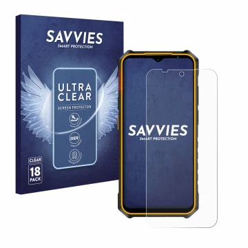 Front side of a product packaging with the brand logo Savvies. Next to it is the device Ulefone Armor X13 shown with the corre