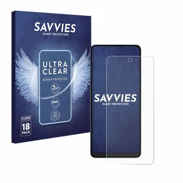 Front side of a product packaging with the brand logo Savvies. Next to it is the device TCL 40 NXTPAPER shown with the corresp