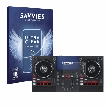 Front side of a product packaging with the brand logo Savvies. Next to it is the device Numark Mixstream Pro+ shown with the c