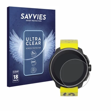 Front side of a product packaging with the brand logo Savvies. Next to it is the device Suunto Race shown with the correspondi