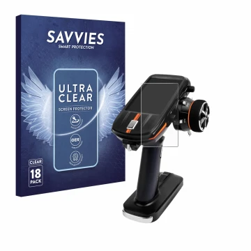 Front side of a product packaging with the brand logo Savvies. Next to it is the device RadioLink RC8X shown with the correspo