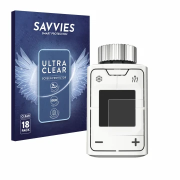 Front side of a product packaging with the brand logo Savvies. Next to it is the device AVM FRITZ!DECT 302 shown with the corr