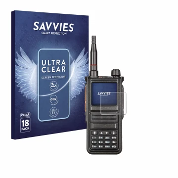 Front side of a product packaging with the brand logo Savvies. Next to it is the device Radtel RT-470X shown with the correspo
