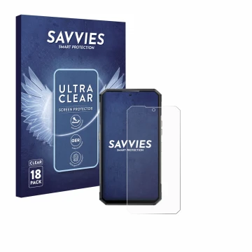 Front side of a product packaging with the brand logo Savvies. Next to it is the device Oukitel WP30 Pro shown with the corres