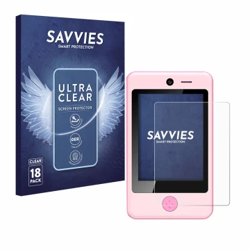 Front side of a product packaging with the brand logo Savvies. Next to it is the device Pthtechus Children’s Smartphone shown 