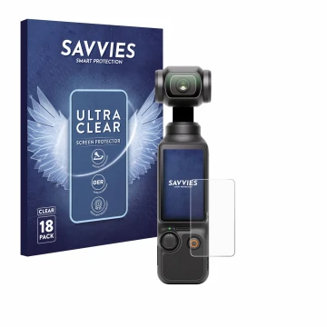 Front side of a product packaging with the brand logo Savvies. Next to it is the device DJI Osmo Pocket 3 shown with the corre