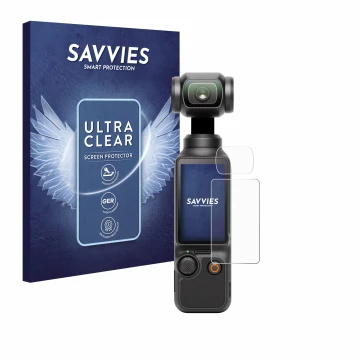 Front side of a product packaging with the brand logo Savvies. Next to it is the device DJI Osmo Pocket 3 (Display + Lens) sho