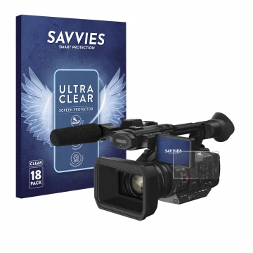 Front side of a product packaging with the brand logo Savvies. Next to it is the device Panasonic HC-X2 shown with the corresp