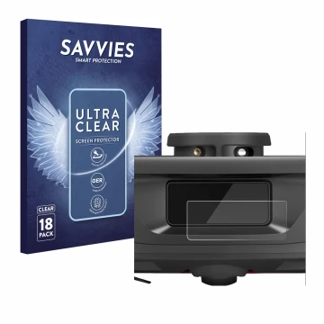 Front side of a product packaging with the brand logo Savvies. Next to it is the device Roborock Q Revo (ONLY Camera) shown wi