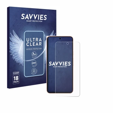 Front side of a product packaging with the brand logo Savvies. Next to it is the device Google Pixel 8 (case-friendly) shown w