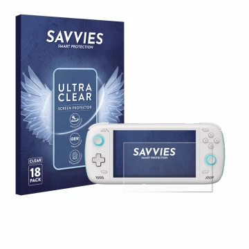 Front side of a product packaging with the brand logo Savvies. Next to it is the device AYN Odin 2 shown with the correspondin