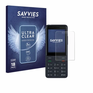 Front side of a product packaging with the brand logo Savvies. Next to it is the device TCL Onetouch 4022s shown with the corr