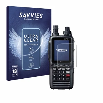 Front side of a product packaging with the brand logo Savvies. Next to it is the device Yaesu FTA-850L shown with the correspo