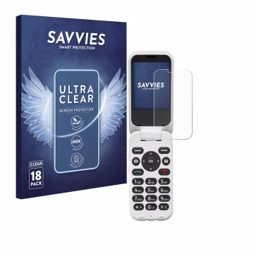 Front side of a product packaging with the brand logo Savvies. Next to it is the device Doro 6820 shown with the corresponding