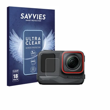 Front side of a product packaging with the brand logo Savvies. Next to it is the device Insta360 Ace Pro (Front display) shown