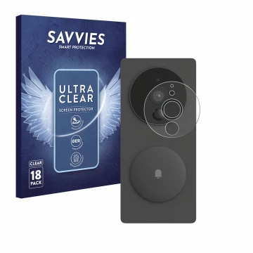 Front side of a product packaging with the brand logo Savvies. Next to it is the device Aqara SVD-KIT1 (Smart video doorbell G