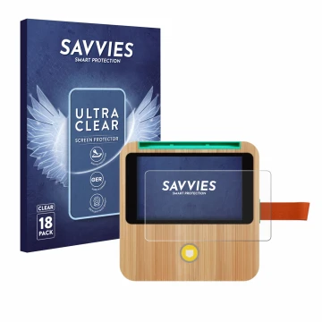 Front side of a product packaging with the brand logo Savvies. Next to it is the device tigerbox Touch Plus shown with the cor