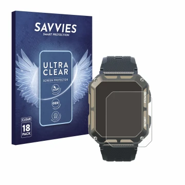 Front side of a product packaging with the brand logo Savvies. Next to it is the device Blackview C20Pro 1.83