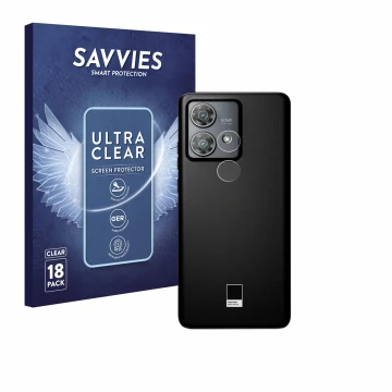 Front side of a product packaging with the brand logo Savvies. Next to it is the device Motorola Edge 40 Neo (ONLY Camera Lens