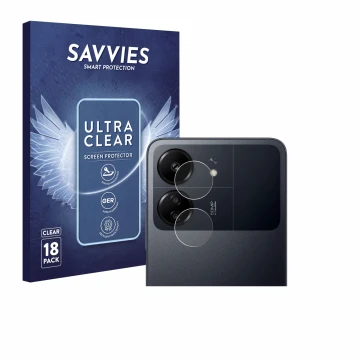 Front side of a product packaging with the brand logo Savvies. Next to it is the device Xiaomi Poco C65 (ONLY Camera Lens) sho