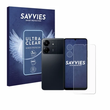 Front side of a product packaging with the brand logo Savvies. Next to it is the device Xiaomi Poco C65 (Front+Camera) shown w