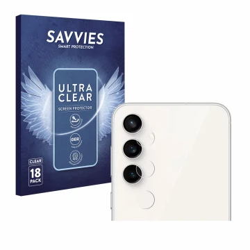 Front side of a product packaging with the brand logo Savvies. Next to it is the device Samsung Galaxy S23 FE (ONLY Camera Len