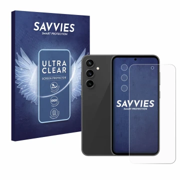 Front side of a product packaging with the brand logo Savvies. Next to it is the device Samsung Galaxy S23 FE (Front+Camera) s