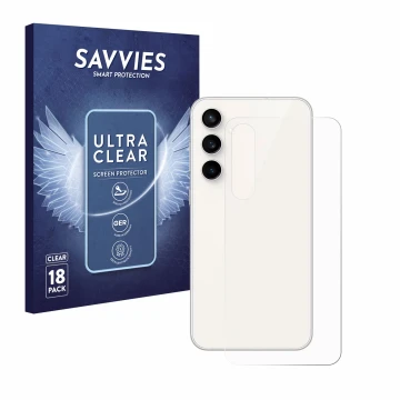 Front side of a product packaging with the brand logo Savvies. Next to it is the device Samsung Galaxy S23 FE (Back) shown wit