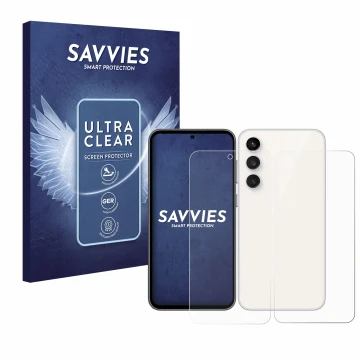 Front side of a product packaging with the brand logo Savvies. Next to it is the device Samsung Galaxy S23 FE (Front+Back) sho