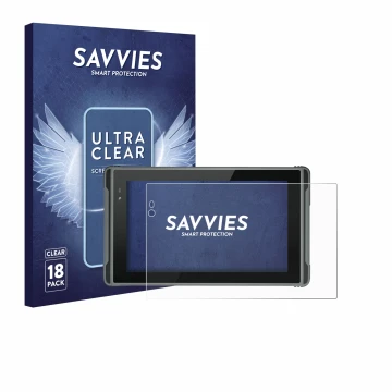 Front side of a product packaging with the brand logo Savvies. Next to it is the device Hugerock X7 shown with the correspondi