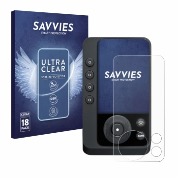 Front side of a product packaging with the brand logo Savvies. Next to it is the device Profoto Connect Pro shown with the cor