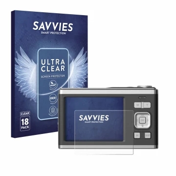 Front side of a product packaging with the brand logo Savvies. Next to it is the device Rollei Compactline 10X shown with the 