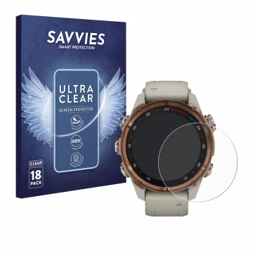 Front side of a product packaging with the brand logo Savvies. Next to it is the device Garmin Descent Mk3 (43 mm) shown with 