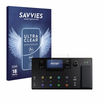 Front side of a product packaging with the brand logo Savvies. Next to it is the device Line 6 Helix LT shown with the corresp