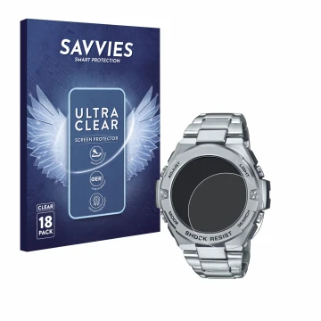Front side of a product packaging with the brand logo Savvies. Next to it is the device Casio G-Shock GST-B500D-1A shown with 