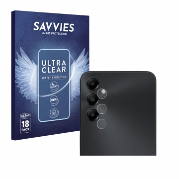 Front side of a product packaging with the brand logo Savvies. Next to it is the device Samsung Galaxy A05s (ONLY Camera Lens)