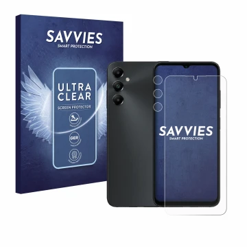 Front side of a product packaging with the brand logo Savvies. Next to it is the device Samsung Galaxy A05s (Front+Camera) sho