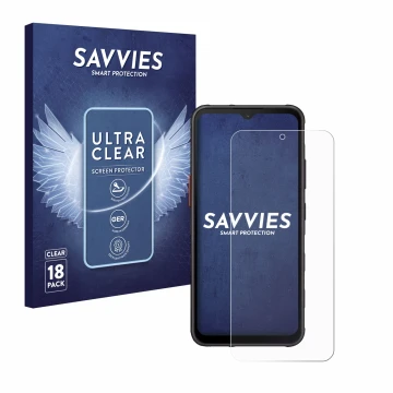 Front side of a product packaging with the brand logo Savvies. Next to it is the device Samsung Galaxy XCover 7 shown with the