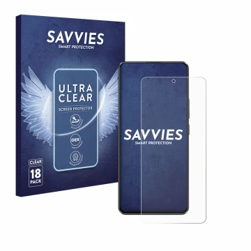 Front side of a product packaging with the brand logo Savvies. Next to it is the device Xiaomi Poco X6 shown with the correspo
