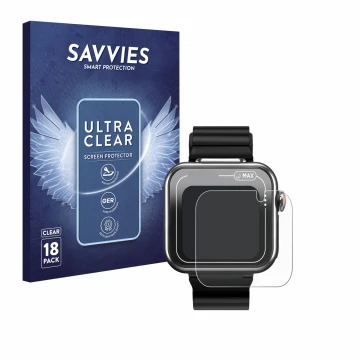Front side of a product packaging with the brand logo Savvies. Next to it is the device Vtech Kidizoom Smartwatch MAX shown wi
