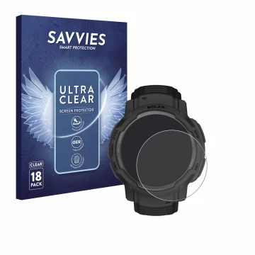 Front side of a product packaging with the brand logo Savvies. Next to it is the device Garmin Instinct Crossover AMOLED shown