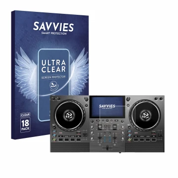 Front side of a product packaging with the brand logo Savvies. Next to it is the device Numark Mixstream Pro Go shown with the